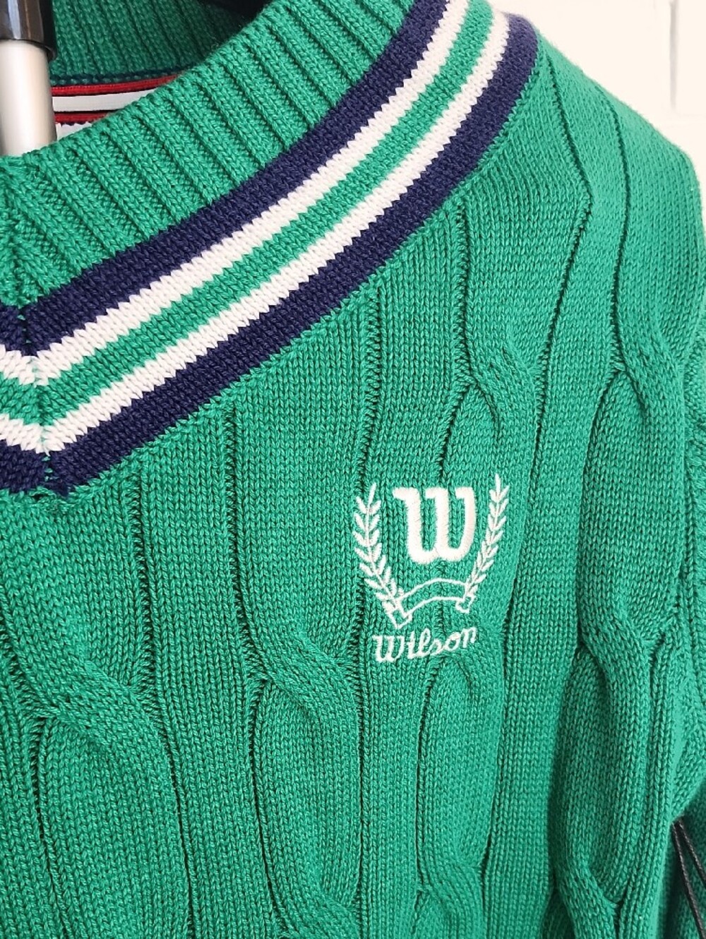Wilson Green V-Neck Cable Knit Sweater with Striped Trim, Girls Xl 14/16 - Picture 2 of 8